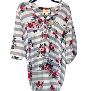 Wishful Park Gray/White Striped Floral Blouse Cottage Core Zipper Details